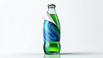 Refreshing Green Beverage in Glass Bottle with Peeling Abstract Swirl Label and Water Droplets