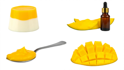 Delicious mango dessert, fresh fruit slices, and pure essence oil for culinary and cosmetic inspiration