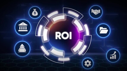 Animated roi concept with business icons and futuristic digital visuals - Powered by Adobe