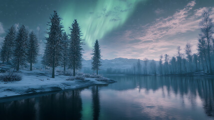 Fototapeta premium Aurora borealis over frozen lake winter landscape