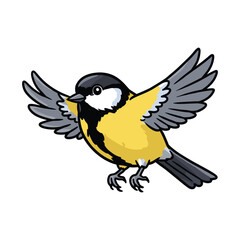 Obraz premium Colorful cartoon great tit bird with outstretched wings in flight – stock vector flat illustration
