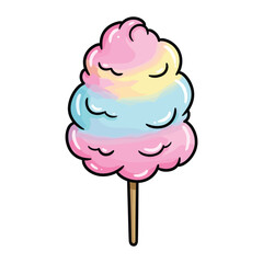 Colorful cotton candy on stick with pink, blue, and yellow swirls – stock vector flat illustration
