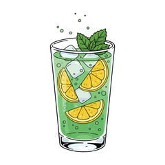 Refreshing mint lemonade with ice cubes and lemon slices in a glass – stock vector flat illustration
