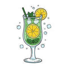 Refreshing mint lemonade with ice cubes and lemon slices in a glass – stock vector flat illustration