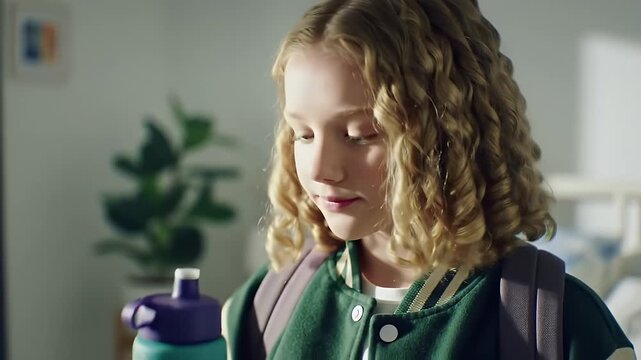 Young Girl Hydrating From Turquoise Bottle Wearing Green Varsity Jacket Indoors