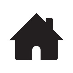 Illustration of a simple house icon with a chimney and a rounded door in solid black color design