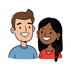 Fototapeta premium Smiling cartoon characters: young caucasian male and young african female with braided hair – stock vector flat illustration
