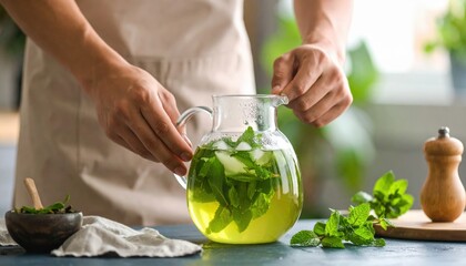 Hands Pouring Iced Herbal Tea With Mint Into Glass Pitcher