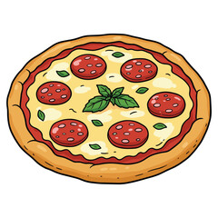 Delicious pepperoni pizza with cheese and basil toppings on crusty base – stock vector flat illustration