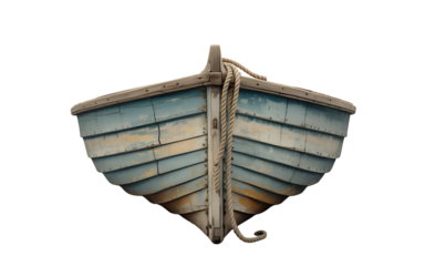 A weathered blue rowboat sits empty tied with thick rope waiting for an adventure, transparent background