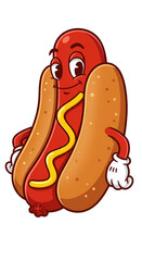 Cartoon Hot Dog Illustration With Mustard And Bun On Transparent Isolated Background