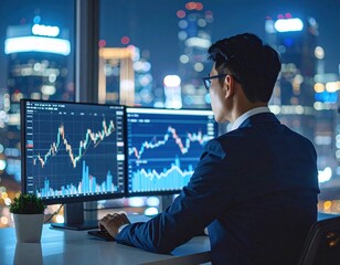 Obraz premium Businessman Analyzing Stock Market Trends At Night