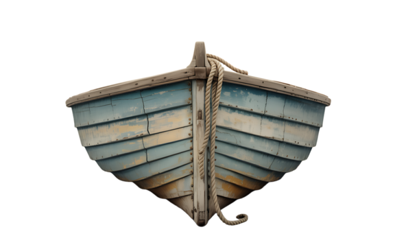 A weathered blue rowboat sits empty tied with thick rope waiting for an adventure, transparent background