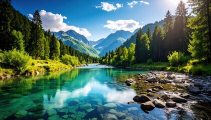 Serene Alpine River Winding Through Lush Forest