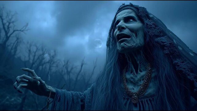 Terrifying undead witch screaming under a full moon in a haunted forest