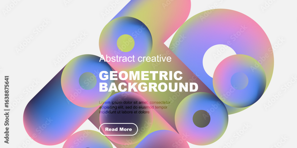 Poster colorful abstract shapes overlap white space. text reads geometric background with button below. mod