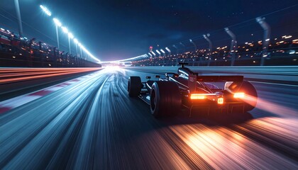 Formula 1 Racing Car Speeding on Night Circuit, Light Trails Illuminating the Track, Dynamic Sport Photography