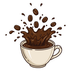 Dynamic coffee explosion with splashing beans in cup – stock vector flat illustration