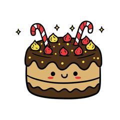 Cute kawaii chocolate cake with candy canes and colorful frosting &ndash; stock vector flat illustration