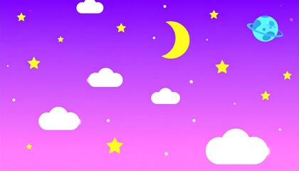 Colorful night sky with clouds, stars, moon, and planet.