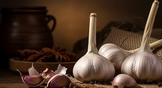 Fresh garlic heads arranged on textured cloth with spices  