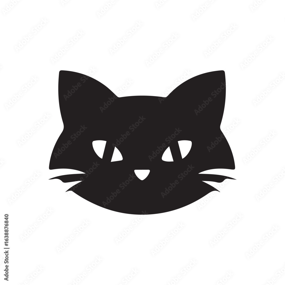 Poster illustration of a black cat head with pointy ears whiskers and triangular nose on a white background