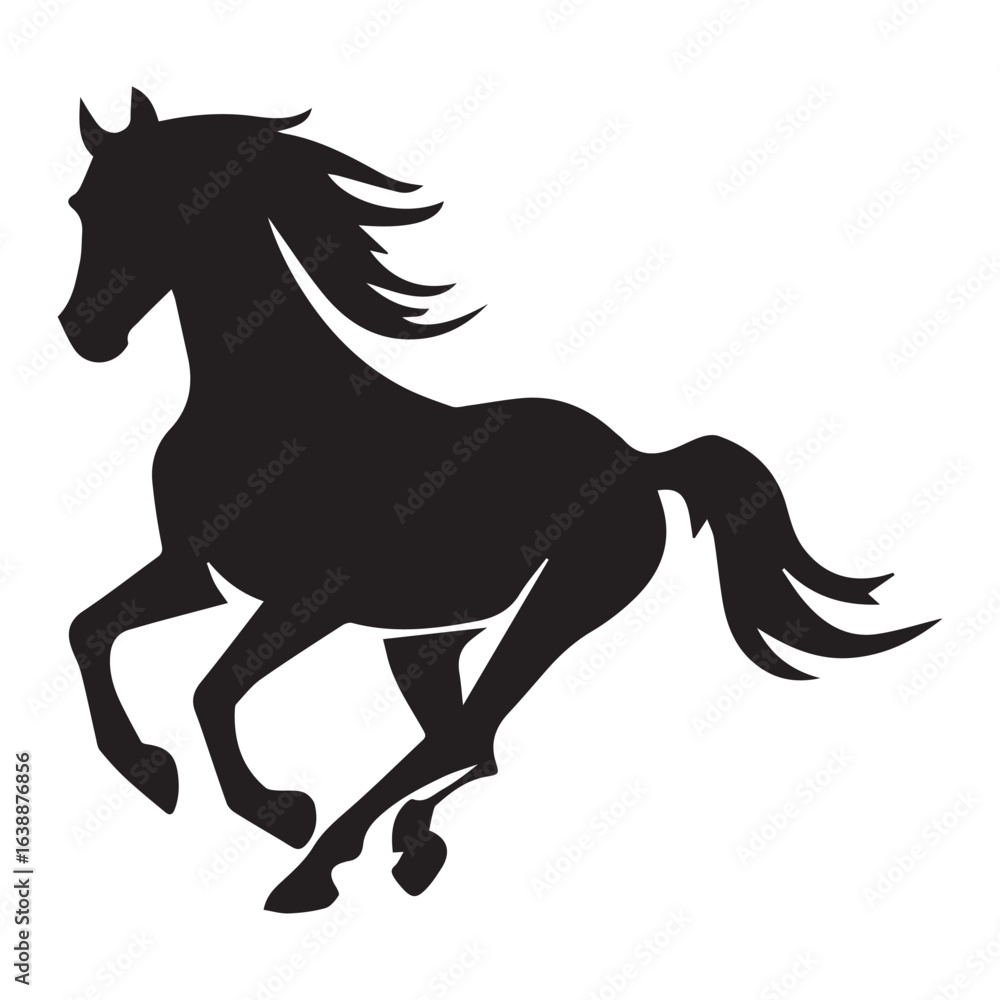 Poster silhouette of a horse running with flowing mane and tail in a dynamic pose on a white background