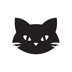 Illustration of a black cat head with pointy ears whiskers and triangular nose on a white background