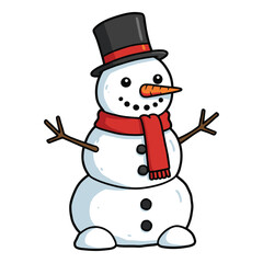 Cheerful snowman with top hat and red scarf – stock vector flat illustration