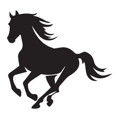 Silhouette of a horse running with flowing mane and tail in a dynamic pose on a white background