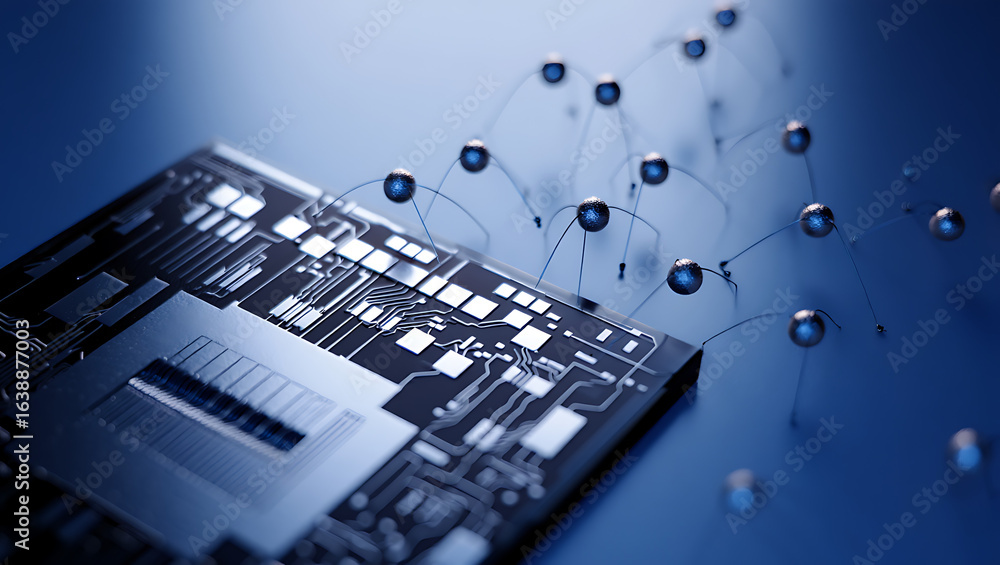 Poster close up of a modern computer processor chip with intricate circuitry and a network of glowing blue 