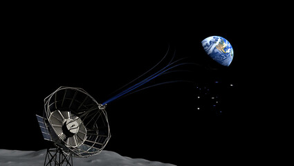 A futuristic spacecraft on the lunar surface transmits data to earth a distant blue marble in the vast blackness of space symbolizing exploration and communication