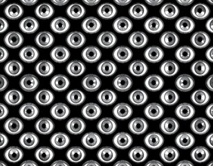 Repeating pattern of grayscale eyes on black background, creating a hypnotic effect