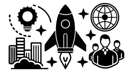 Vector black and white illustration showing a rocket ship, globe, team, city, and lightbulb gear icon