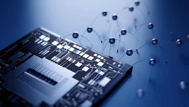 Close up of a modern computer processor chip with intricate circuitry and a network of glowing blue nodes extending into the background representing data flow and connectivity