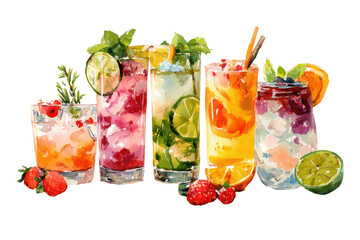 Colorful Collection of Watercolor Mocktail Drinks in Various Glasses on Transparent Background