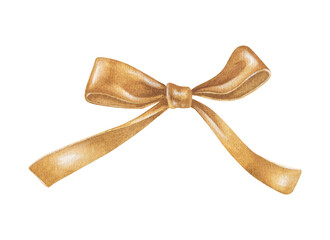 Golden shiny bow with long ribbons clipart. Watercolor illustration of a holiday decor. Hand drawn vintage sketch on white isolated background. Water color painting art image