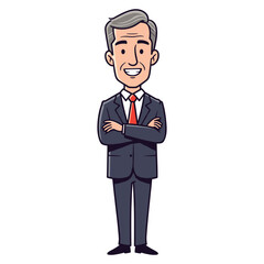 Obraz premium Smiling caucasian male cartoon character in suit with arms crossed – stock vector flat illustration