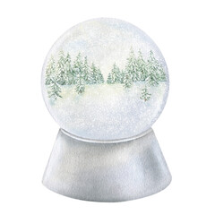 Snow Globe with forest landscape inside. Watercolor illustration of a Christmas snowball. Hand drawn holiday vintage sketch of Snowglobe on white isolated background. Water color painting art image