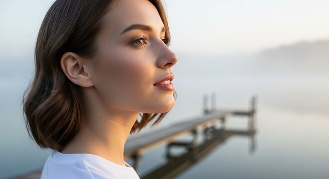 A beautiful woman enjoys a peaceful moment by the lake at sunrise, contemplating nature's beauty and serenity on a foggy morning.