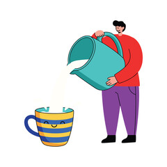 Young caucasian male pouring milk from large jug into smiling striped mug cartoon – stock vector flat illustration