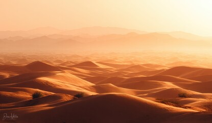 Naklejka premium Golden desert sunrise, dunescape panorama, hazy mountains