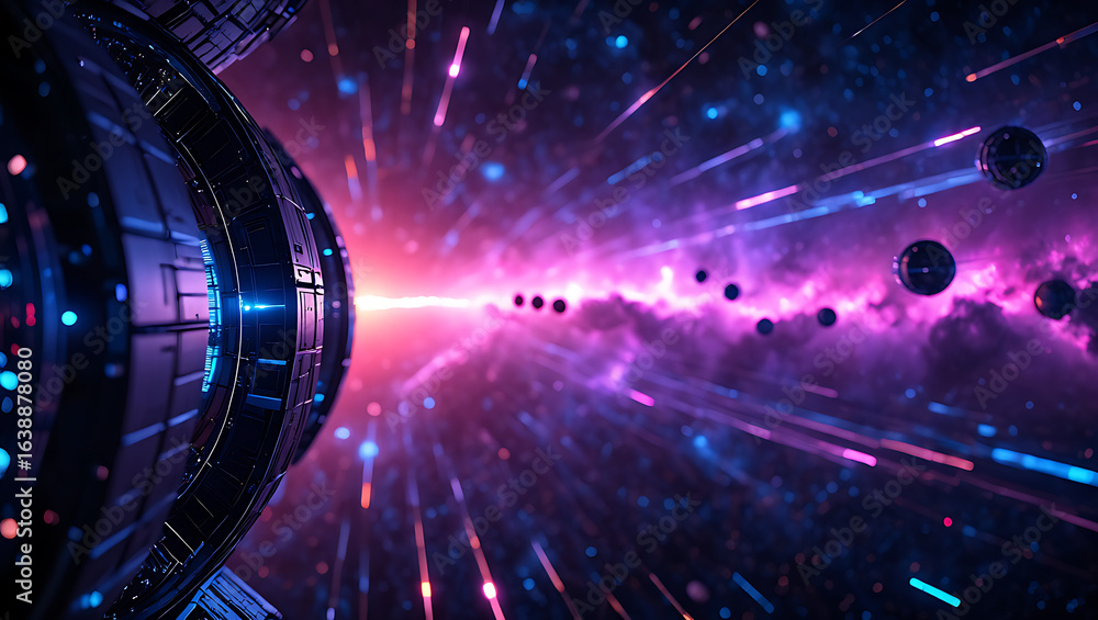 Poster abstract futuristic tunnel with neon lights and cosmic particles creating a vibrant sci fi space jou