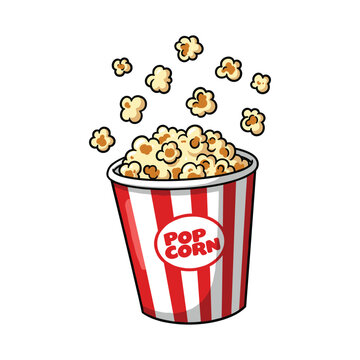 Iconic red and white striped popcorn bucket with falling popcorn kernels &ndash; stock vector flat illustration