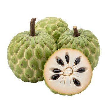 Three whole custard apples and one sliced in half, revealing its white pulp and black seeds.