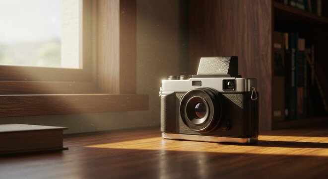 Vintage camera photography equipment lens retro style old camera wooden surface art