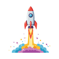 Colorful cartoon rocket launching with smoke and flames – stock vector flat illustration