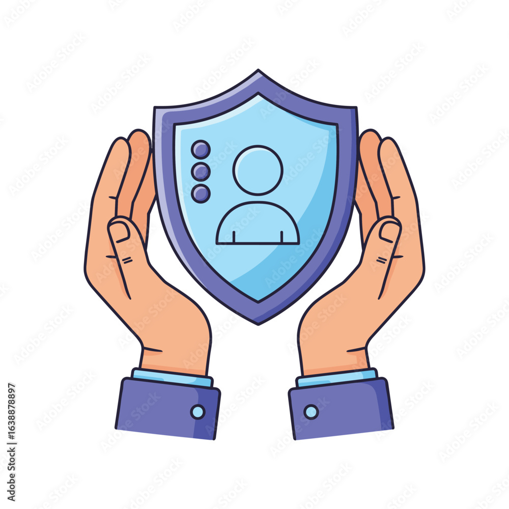 Poster protective hands shielding user profile icon for privacy and security concept – stock vector flat il