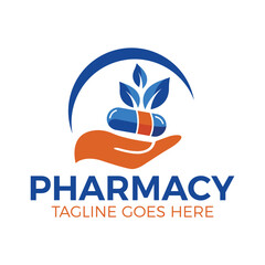 Modern Herbal Pharmacy Logo Design Mortar and Pestle with Green Leaves Vector.