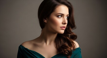Naklejka premium Elegant young woman with long wavy hair and an off-shoulder dress looks away contemplatively in a studio portrait, exuding beauty and sophistication.